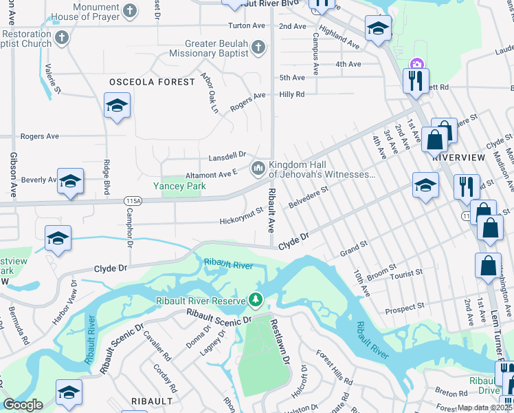 map of restaurants, bars, coffee shops, grocery stores, and more near 3062 Hickorynut Street in Jacksonville