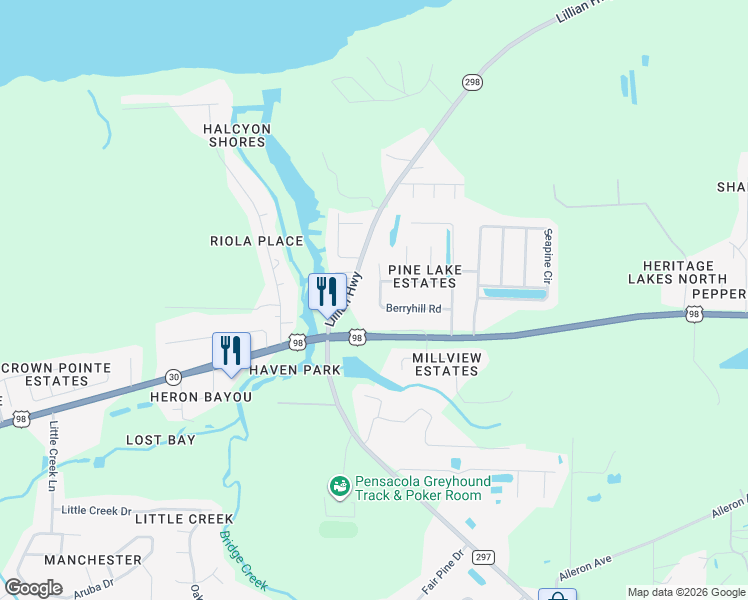 map of restaurants, bars, coffee shops, grocery stores, and more near 10857 Berryhill Road in Pensacola