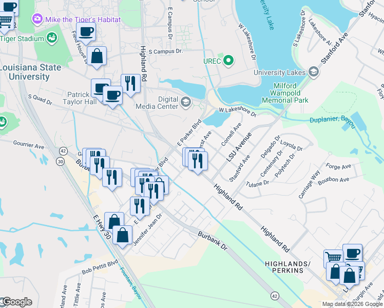 map of restaurants, bars, coffee shops, grocery stores, and more near 4325 Highland Road in Baton Rouge
