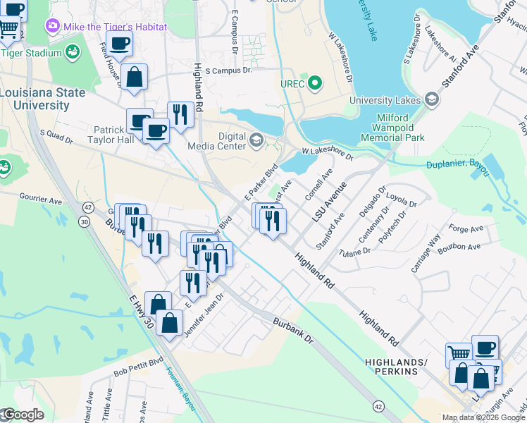 map of restaurants, bars, coffee shops, grocery stores, and more near 4325 Highland Road in Baton Rouge