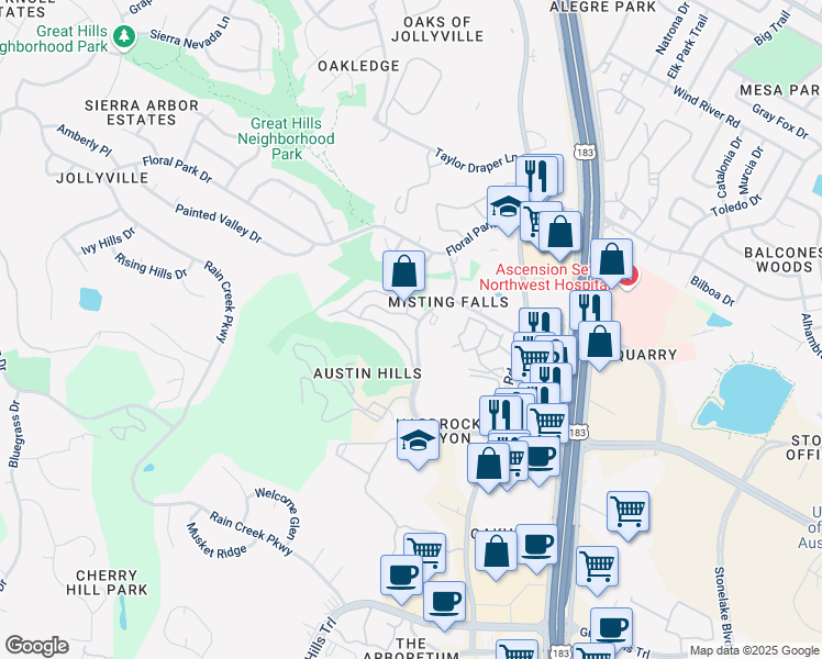 map of restaurants, bars, coffee shops, grocery stores, and more near 10519 Morado Circle in Austin