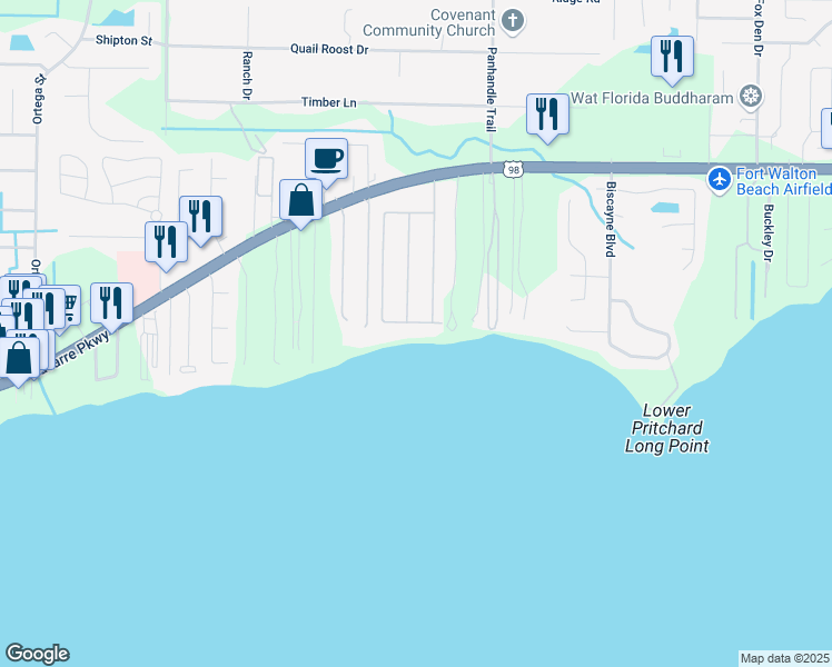 map of restaurants, bars, coffee shops, grocery stores, and more near 8970 Orlando Avenue in Navarre