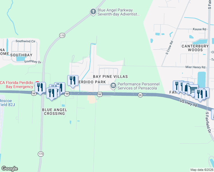 map of restaurants, bars, coffee shops, grocery stores, and more near 8923 Forest Oak Drive in Pensacola
