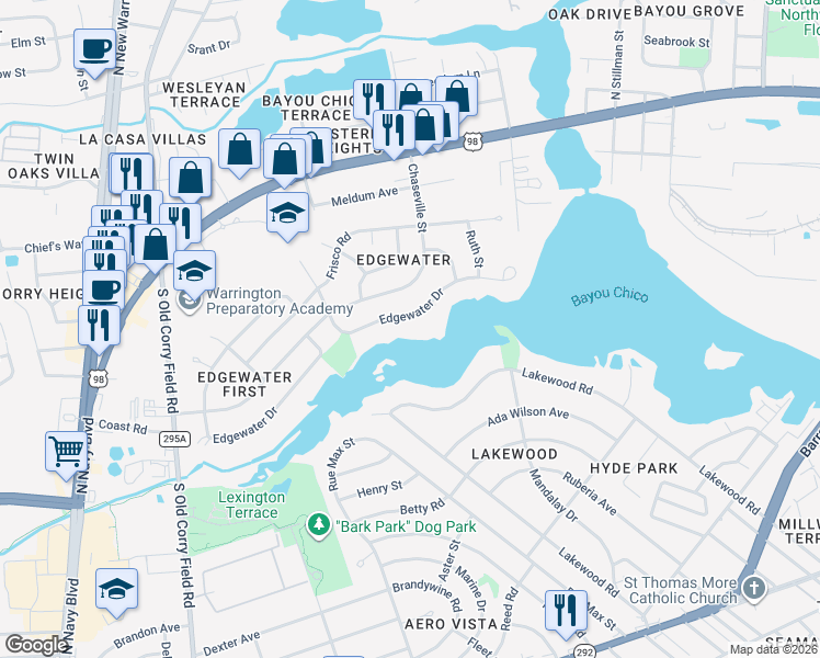 map of restaurants, bars, coffee shops, grocery stores, and more near 317 Edgewater Dr in Pensacola
