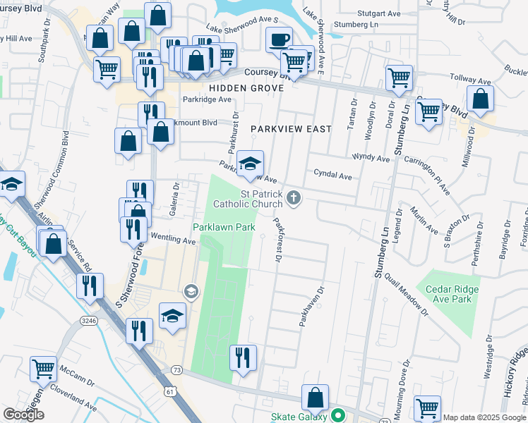 map of restaurants, bars, coffee shops, grocery stores, and more near 12234 Park Lawn Avenue in Baton Rouge