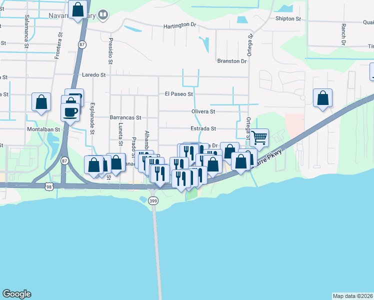 map of restaurants, bars, coffee shops, grocery stores, and more near 1758 Esplanade Street East in Navarre