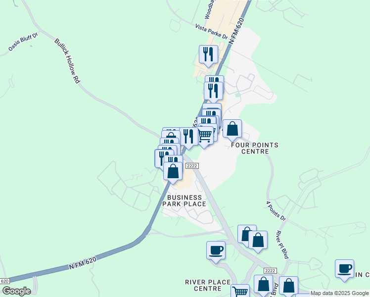 map of restaurants, bars, coffee shops, grocery stores, and more near 6708 North FM 620 in Austin