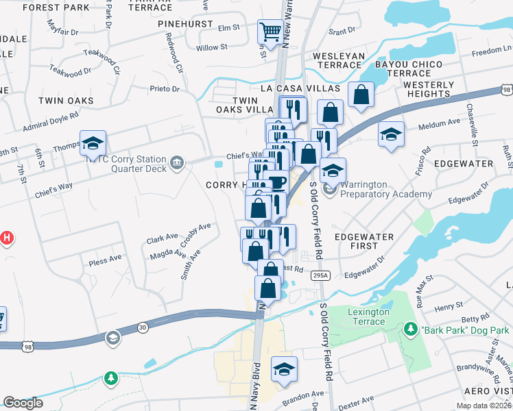 map of restaurants, bars, coffee shops, grocery stores, and more near 5 Flynn Drive in Pensacola