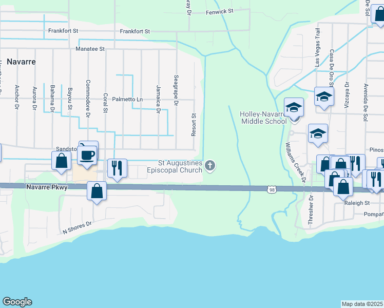 map of restaurants, bars, coffee shops, grocery stores, and more near 7777 Sandstone Road in Navarre
