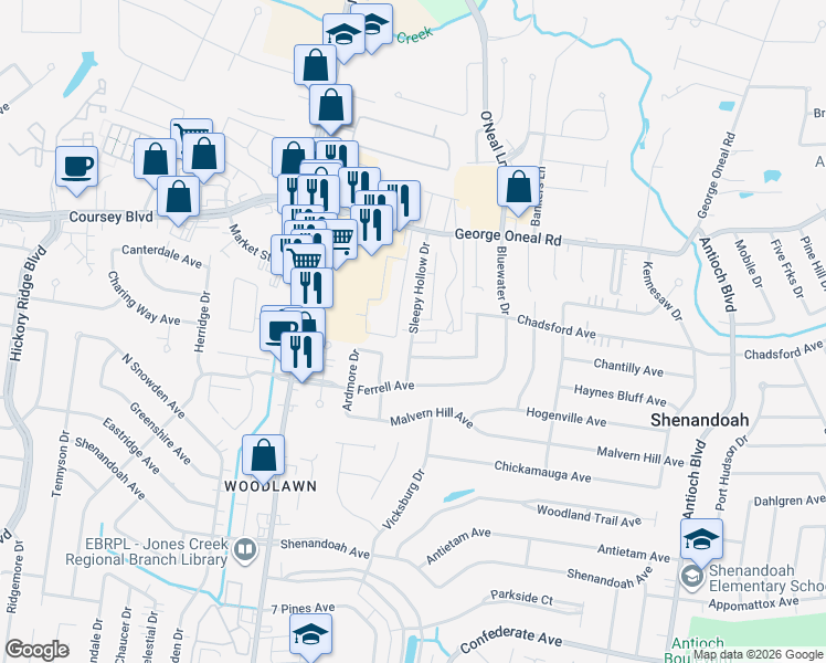 map of restaurants, bars, coffee shops, grocery stores, and more near 5001 Shenandoah Square Avenue in Baton Rouge