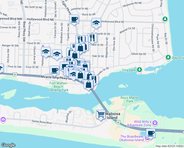 map of restaurants, bars, coffee shops, grocery stores, and more near 208 Alconese Avenue Southeast in Fort Walton Beach