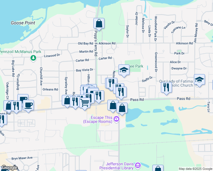 map of restaurants, bars, coffee shops, grocery stores, and more near 2367 Grants Ferry Drive in Biloxi