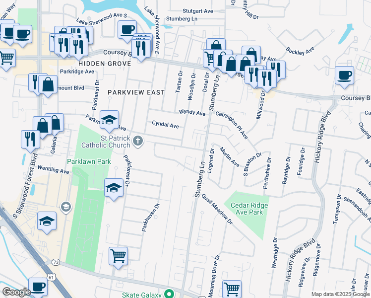 map of restaurants, bars, coffee shops, grocery stores, and more near 12748 Brogdon Lane in Baton Rouge