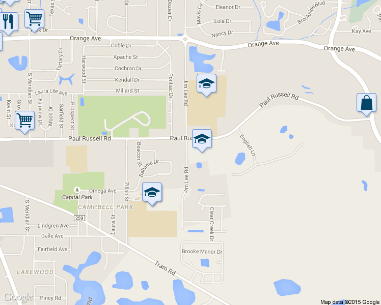 map of restaurants, bars, coffee shops, grocery stores, and more near 3200 Jim Lee Road in Tallahassee