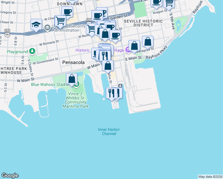 map of restaurants, bars, coffee shops, grocery stores, and more near 40-98 East Pine Street in Pensacola
