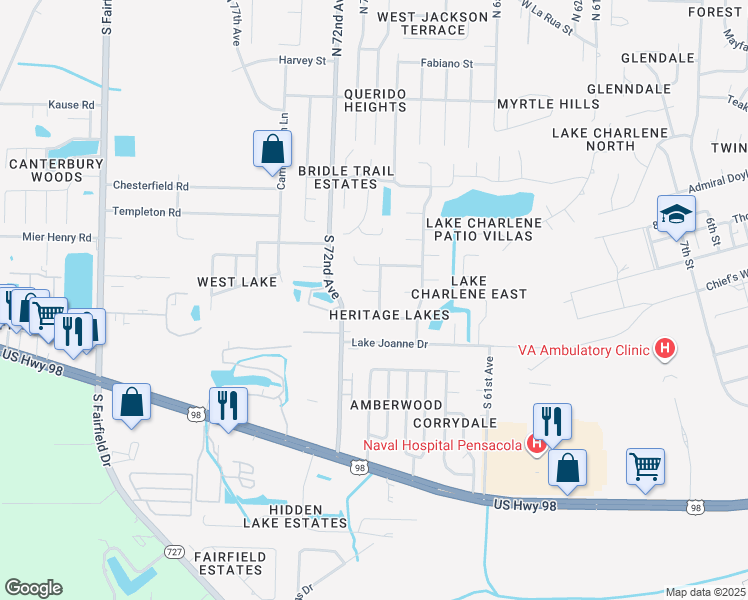 map of restaurants, bars, coffee shops, grocery stores, and more near 6935 Kitty Hawk Drive in Pensacola
