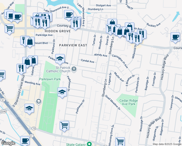 map of restaurants, bars, coffee shops, grocery stores, and more near 12685 Parkmeadow Avenue in Baton Rouge