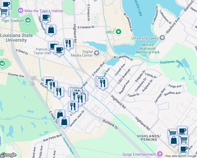 map of restaurants, bars, coffee shops, grocery stores, and more near 4212 Oxford Avenue in Baton Rouge