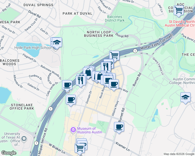 map of restaurants, bars, coffee shops, grocery stores, and more near 11721 Domain Drive in Austin