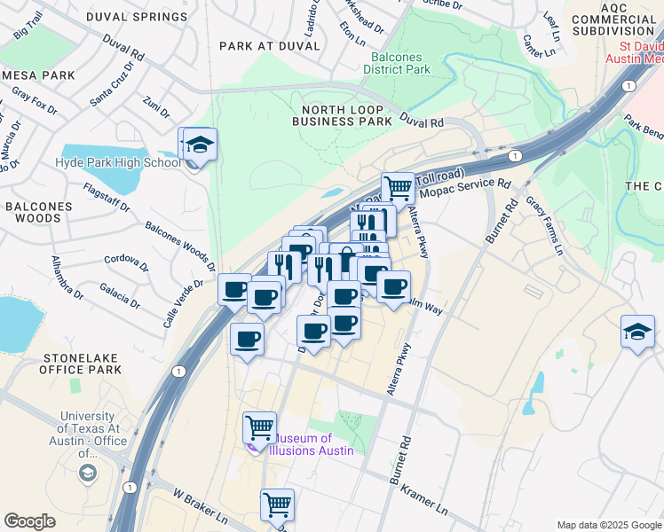 map of restaurants, bars, coffee shops, grocery stores, and more near 11721 Domain Drive in Austin