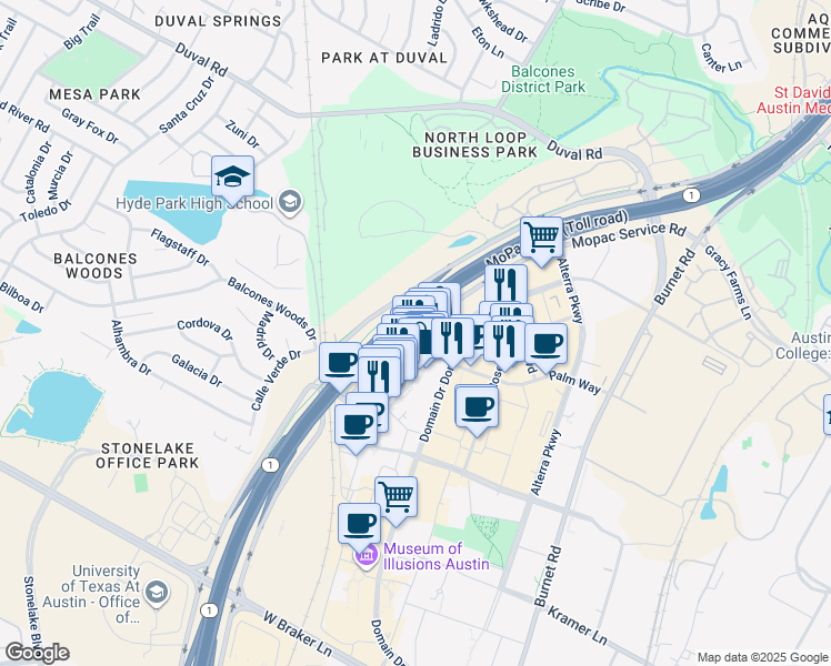 map of restaurants, bars, coffee shops, grocery stores, and more near MoPac Expressway in Austin