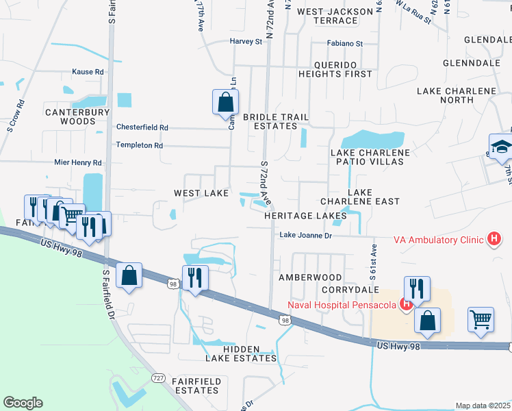 map of restaurants, bars, coffee shops, grocery stores, and more near 7215 Lago Vista Court in Pensacola