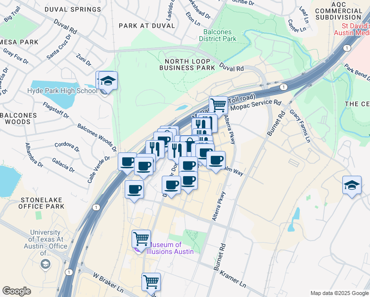 map of restaurants, bars, coffee shops, grocery stores, and more near 11721 Domain Drive in Austin