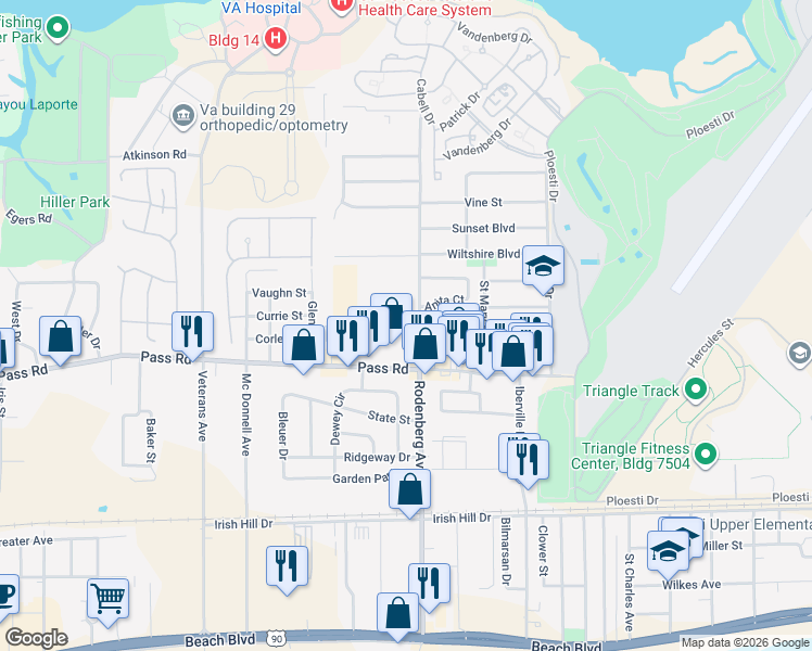 map of restaurants, bars, coffee shops, grocery stores, and more near 1707 Stanley Drive in Biloxi