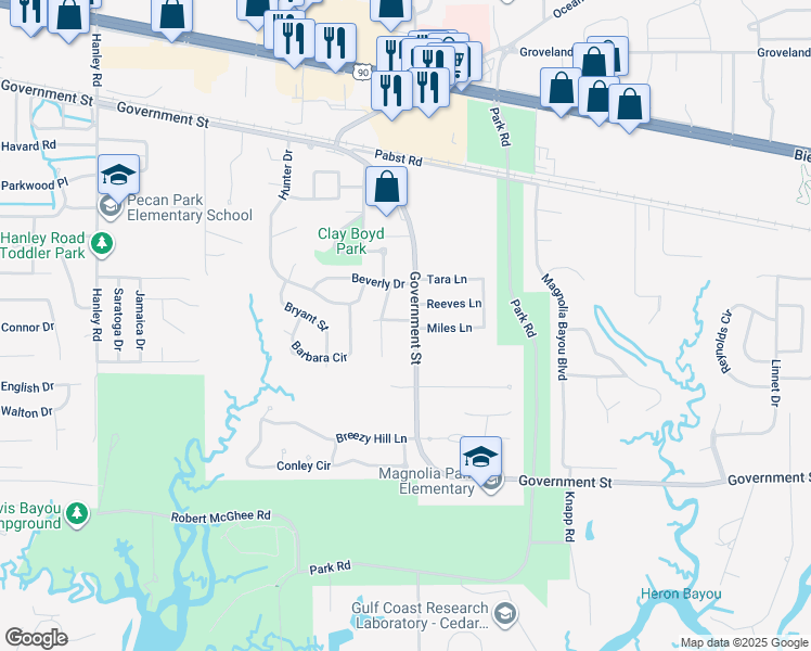 map of restaurants, bars, coffee shops, grocery stores, and more near 3300 Government Street in Ocean Springs