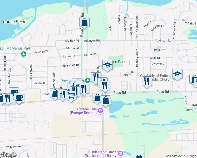 map of restaurants, bars, coffee shops, grocery stores, and more near 364 Nelson Road in Biloxi
