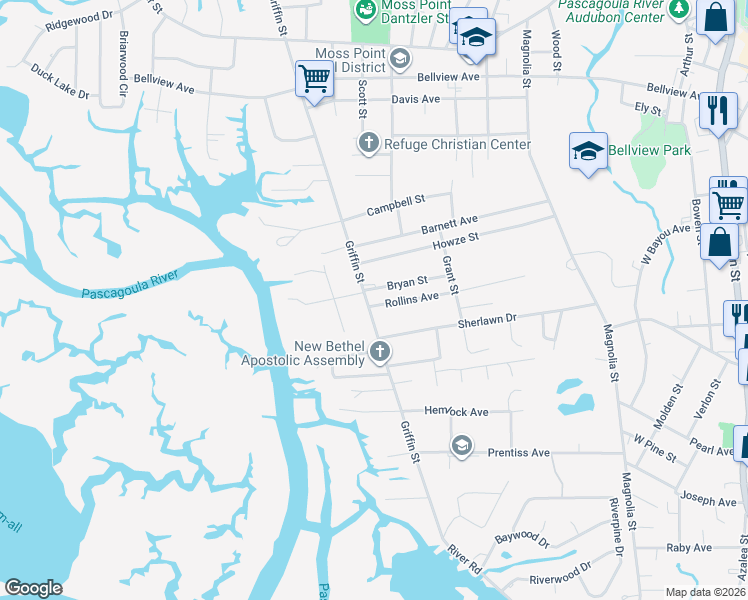 map of restaurants, bars, coffee shops, grocery stores, and more near 3401-3599 Bryan St in Moss Point