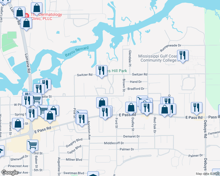 map of restaurants, bars, coffee shops, grocery stores, and more near 1901 Switzer Road in Gulfport