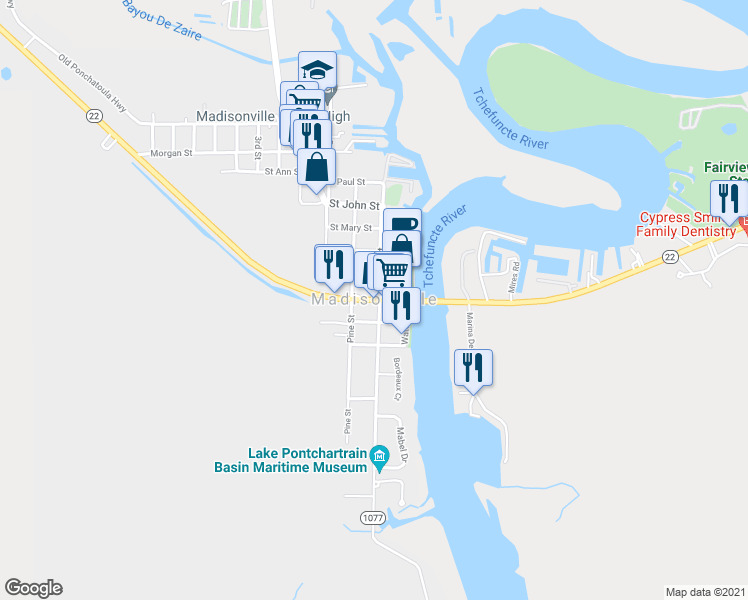 map of restaurants, bars, coffee shops, grocery stores, and more near Louisiana 22 in Madisonville