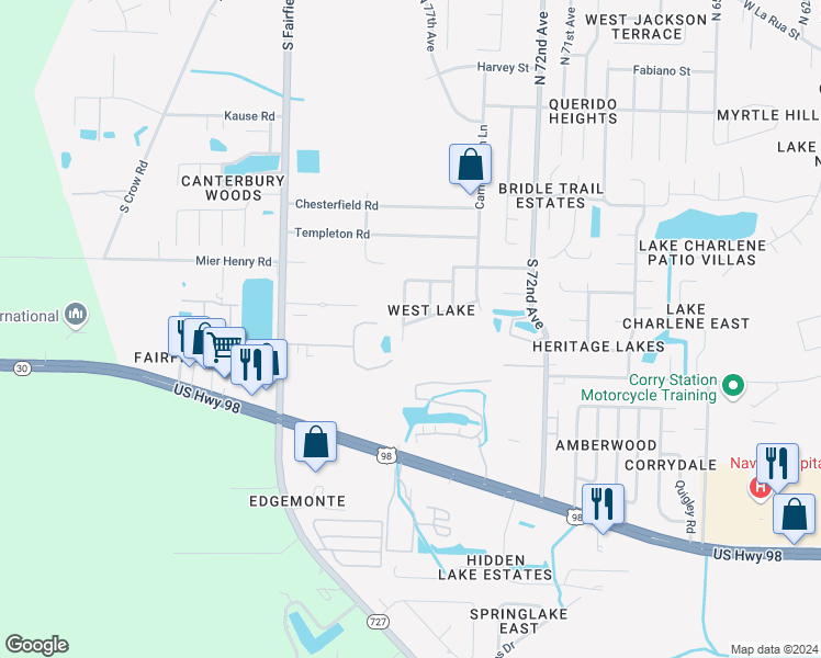 map of restaurants, bars, coffee shops, grocery stores, and more near 7413 Dowdy Drive in Pensacola