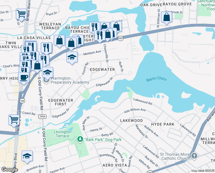 map of restaurants, bars, coffee shops, grocery stores, and more near 317 Edgewater Drive in Pensacola