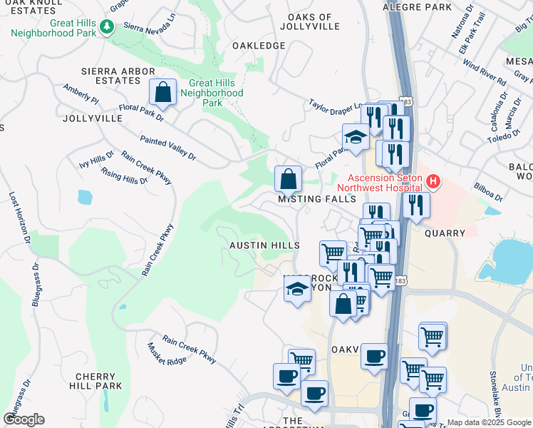 map of restaurants, bars, coffee shops, grocery stores, and more near 10610 Morado Circle in Austin