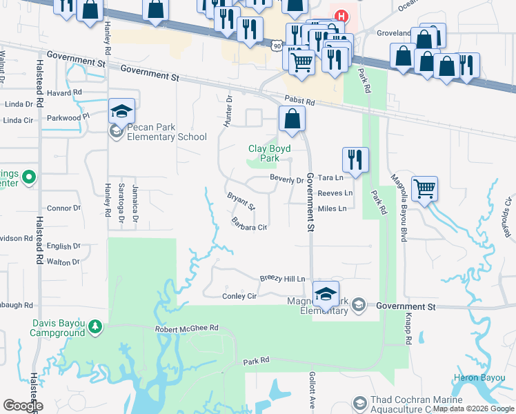 map of restaurants, bars, coffee shops, grocery stores, and more near 314 Hunter Drive in Ocean Springs