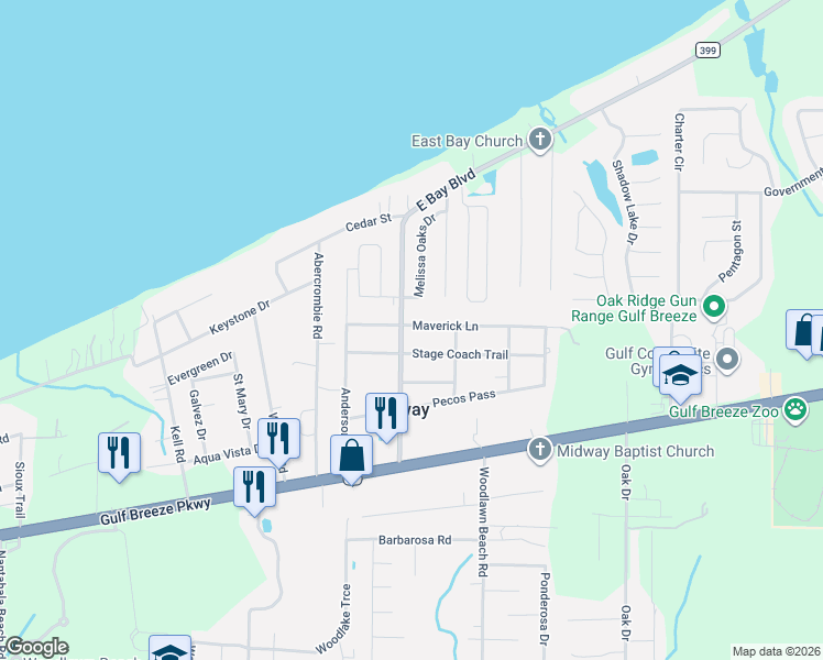 map of restaurants, bars, coffee shops, grocery stores, and more near 5346 Maverick Lane in Gulf Breeze