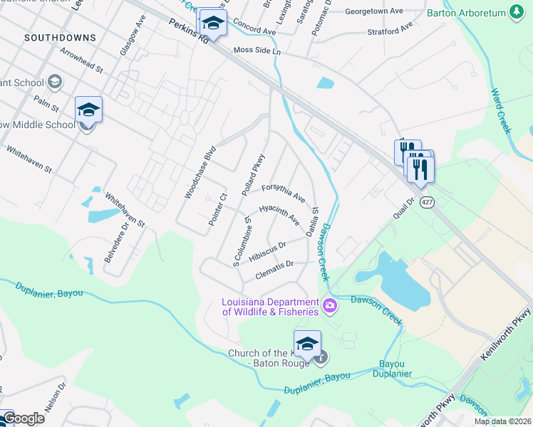 map of restaurants, bars, coffee shops, grocery stores, and more near 5755 Hyacinth Avenue in Baton Rouge