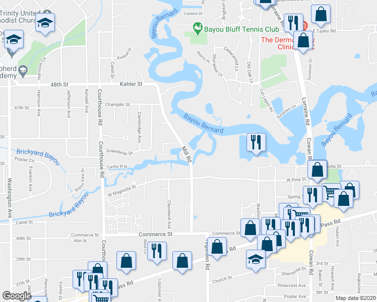 map of restaurants, bars, coffee shops, grocery stores, and more near 1320 Mill Road in Gulfport