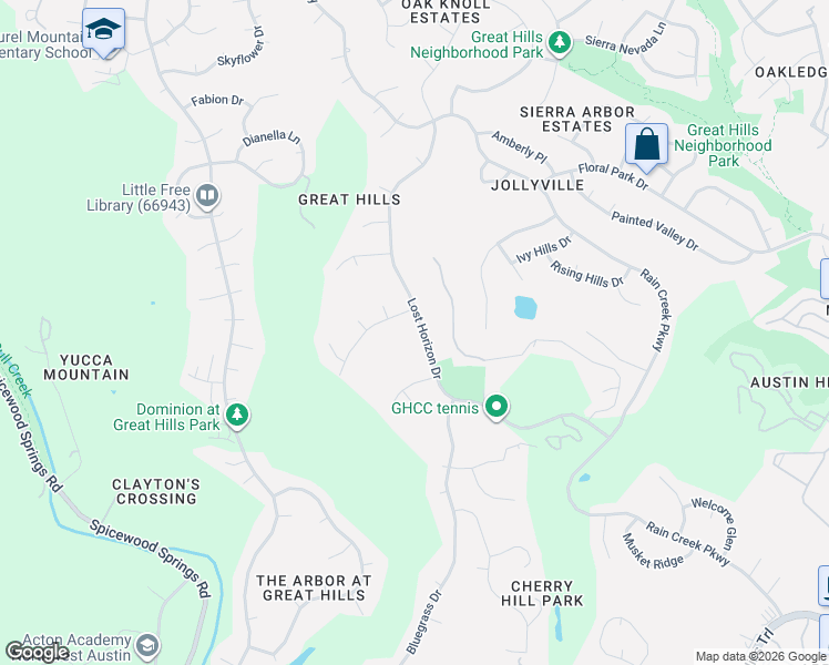 map of restaurants, bars, coffee shops, grocery stores, and more near 6208 Lost Horizon Drive in Austin