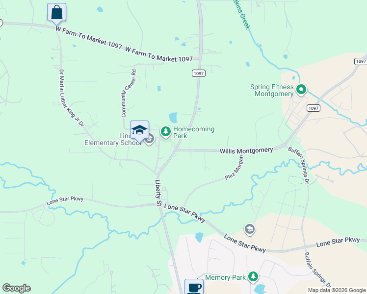 map of restaurants, bars, coffee shops, grocery stores, and more near 15330 Liberty Street in Montgomery