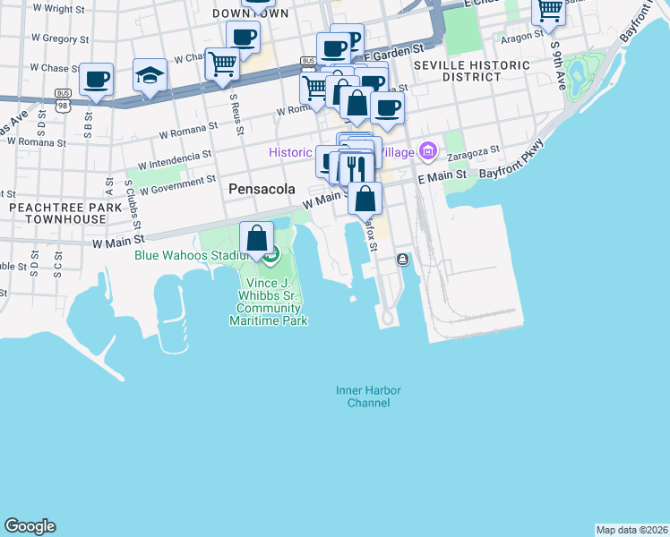 map of restaurants, bars, coffee shops, grocery stores, and more near 501 Port Royal Way in Pensacola