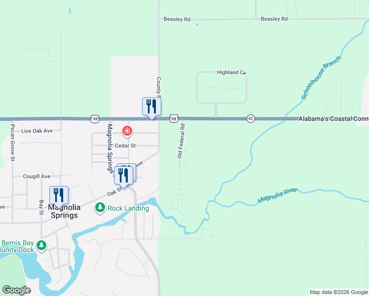 map of restaurants, bars, coffee shops, grocery stores, and more near 15005-15007 Old Federal Road in Magnolia Springs