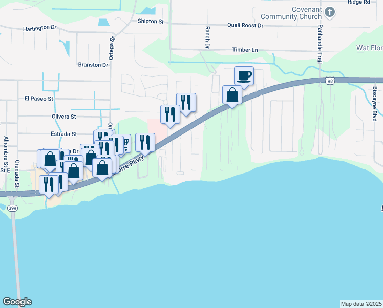 map of restaurants, bars, coffee shops, grocery stores, and more near 8900 Binnacle Court in Navarre