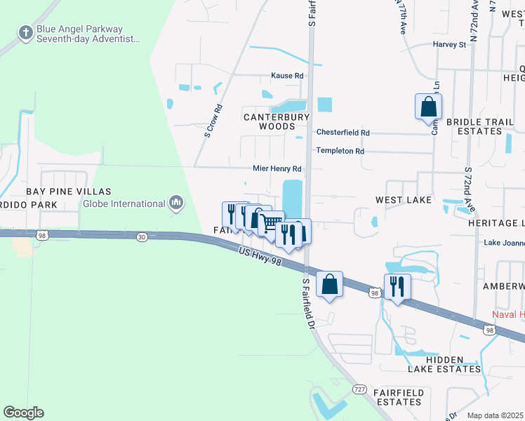 map of restaurants, bars, coffee shops, grocery stores, and more near 8100 U.S. 98 in Pensacola