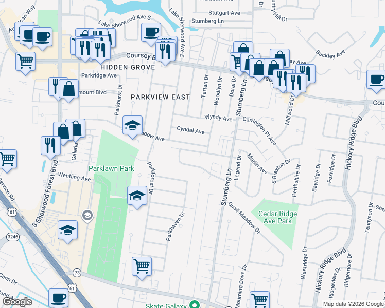 map of restaurants, bars, coffee shops, grocery stores, and more near 12516 Parkmeadow Avenue in Baton Rouge