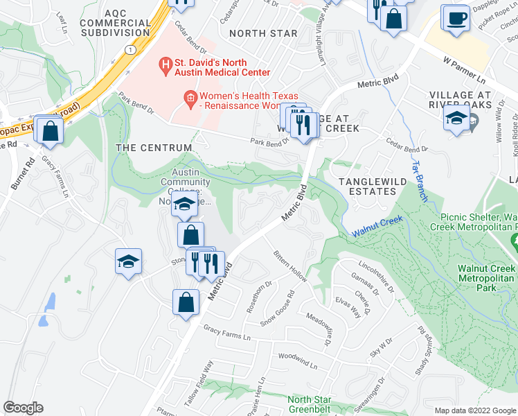 map of restaurants, bars, coffee shops, grocery stores, and more near 12100 Metric Boulevard in Austin