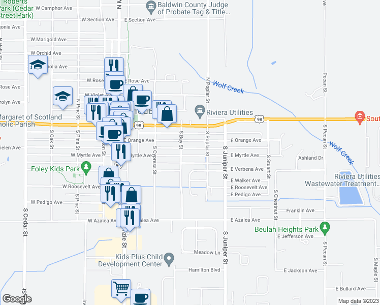 map of restaurants, bars, coffee shops, grocery stores, and more near 402 East Orange Avenue in Foley
