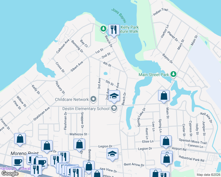 map of restaurants, bars, coffee shops, grocery stores, and more near 601 1st Avenue in Destin